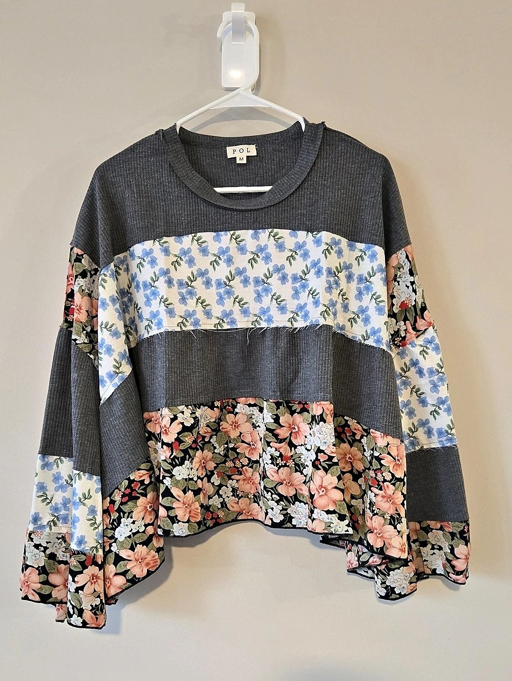 POL Charcoal Patchwork Blouse Gray & Multicolor Medium NIB